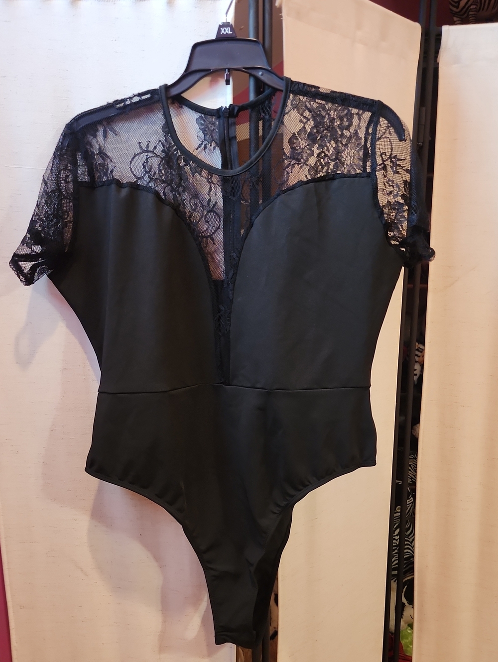 Women's Black Lace-Insert Bodysuit Top